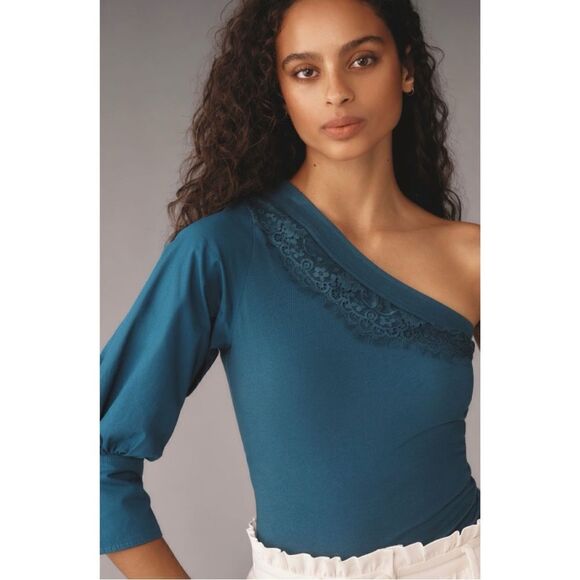 Anthropologie Tops - NEW Anthropologie Blue One-Shoulder Lace Puff-Sleeve Top Blouse X-Small or Small